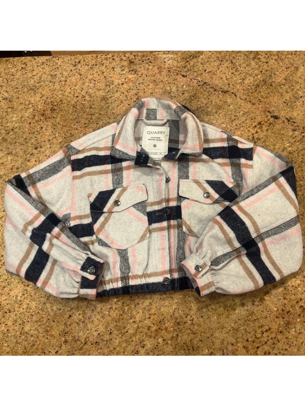 Quarry Pink Tan  & Navy Plaid Cropped Jacket Size M